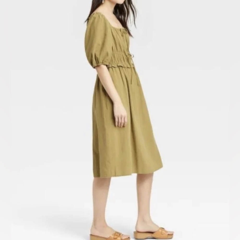 Olive Puff Short Sleeve Pocket Midi Dress